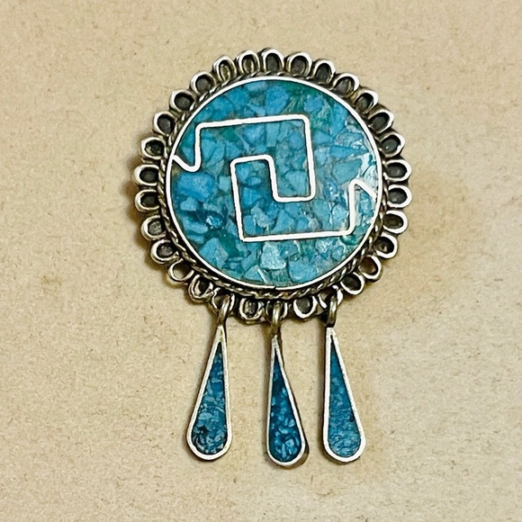 MEXICO 925 STERLING SILVER CRUSHED TURQUOISE INLAY BROOCH PIN PENDANT COMBO - Picture 1 of 7